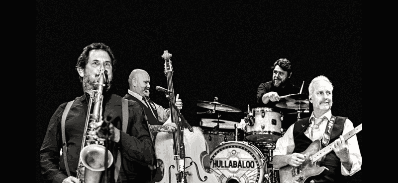 A black and white photo of the band Hullabaloo