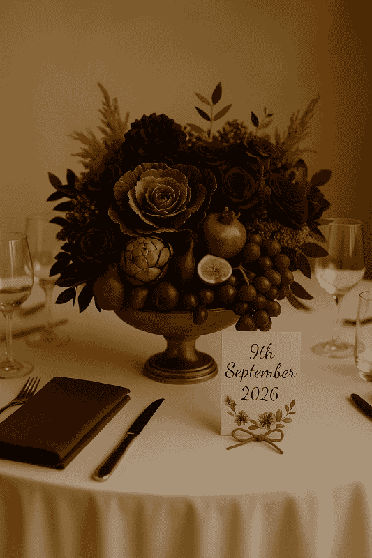 Autumn wedding table centre piece set up with fruits, nuts and vegetables