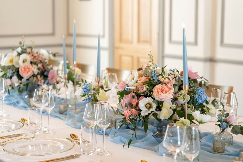 The gallery dining room at Solton Manor set up for private dining by Chic Wedding and Events