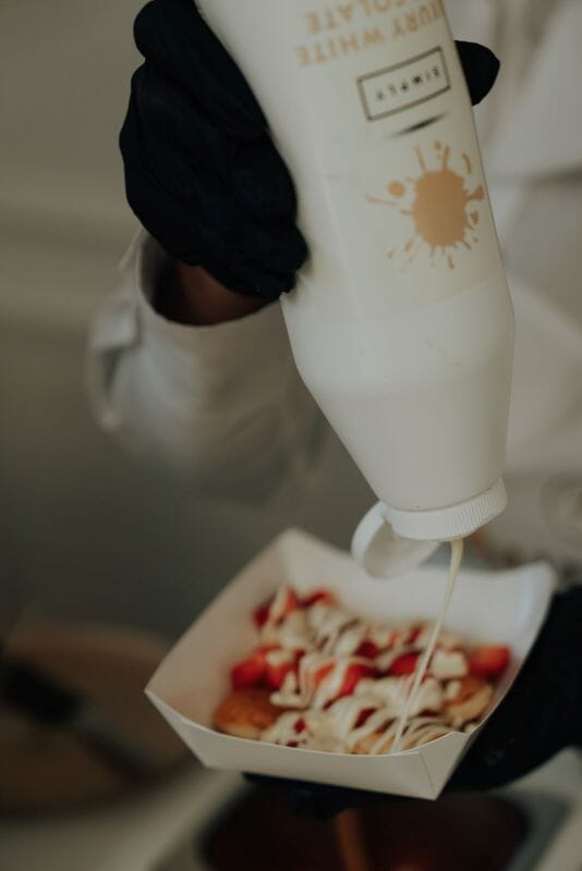 Aurelie Luxe Treats food station set up in the Old Stables at Solton Manor, near River, Kent, for an evening reception