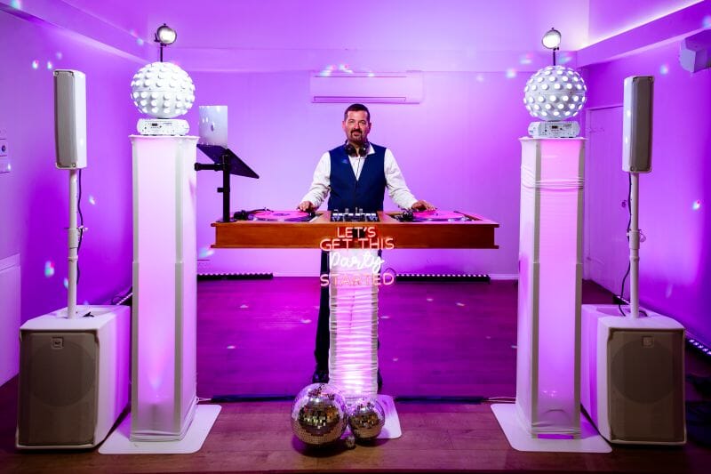 Sugar Promotions Wedding and Event Entertainment Specialists on the stage at Solton Manor, in the Dutch Barn, near Canterbury