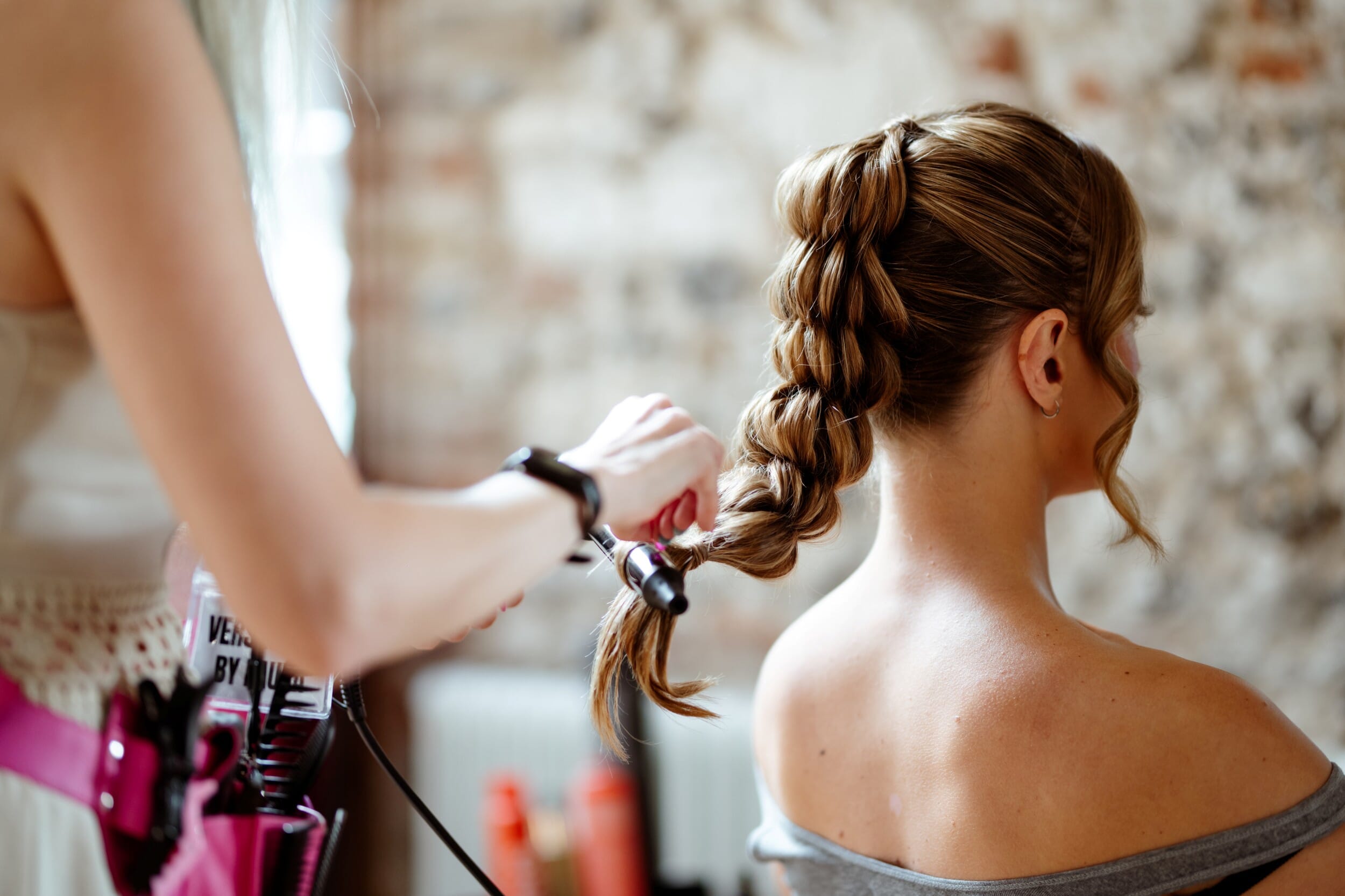 Hair being prepped by Laura at Solton Manor, in the Bell Tower Barn getting ready suite